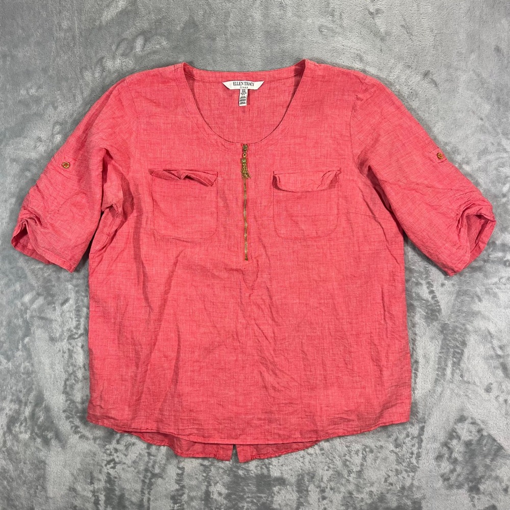 Ellen Tracy Linen Blend Zipper Blouse Womens XL Coral Pink Tunic Roll Sleeve
